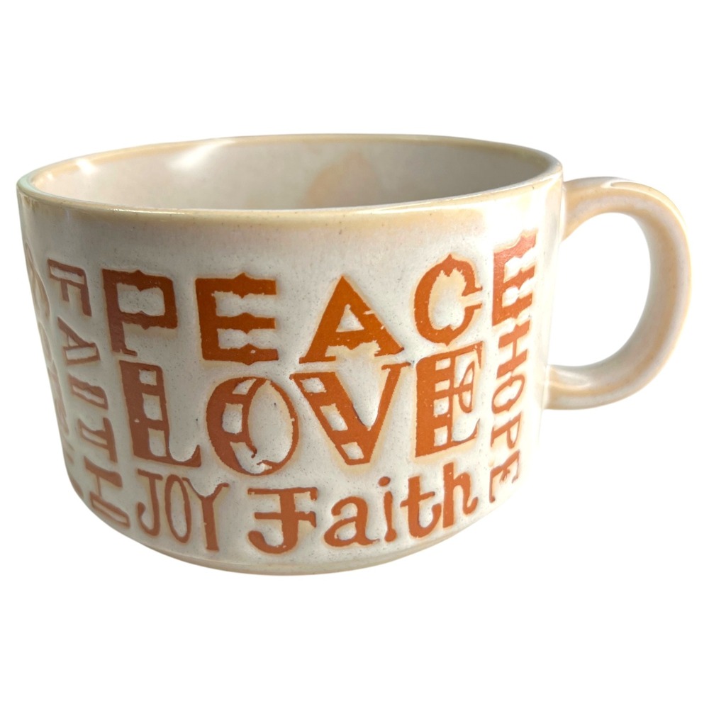 Vintage Japan Speckled Stoneware Soup Mug Faith Love Hope Peace Joy Typography
